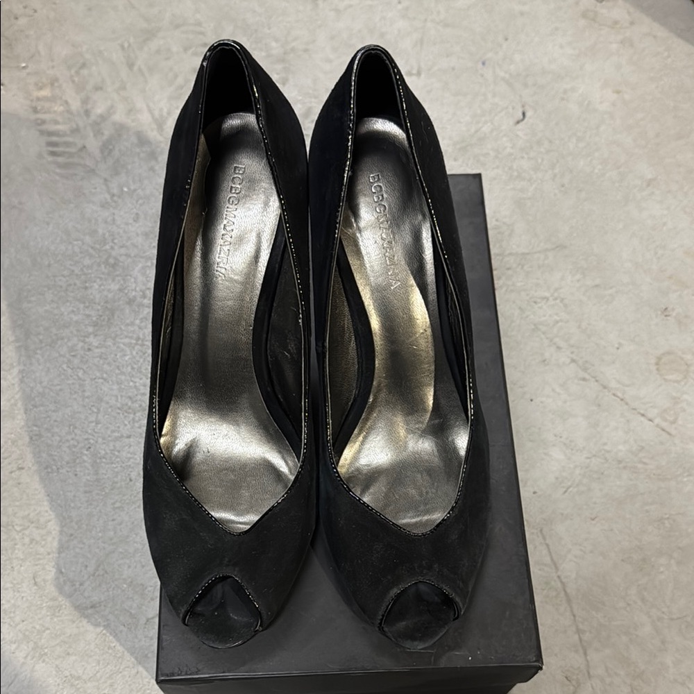 BCBG Maxaria Suede Black Peep-Toe Heels 8